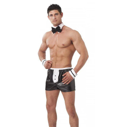 Set 4 Pieces Gigolo ensemble with boxers, bow tie, collar, and cuffs. Designed for comfort and role-play elegance in polyamide fabric.
