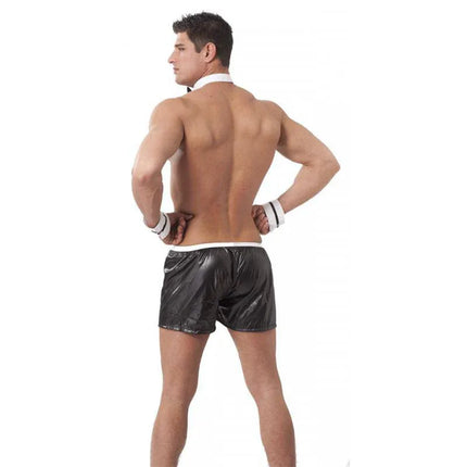 Man wearing Set 4 Pieces Gigolo outfit including boxers, neck collar, bow tie, and cuffs, perfect for role-play or costumes.