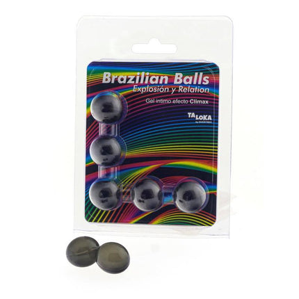 Set 5 Brazilian Balls Gel Climax Effect packaging with heat-activated gel formula for sensual massages and pleasure.