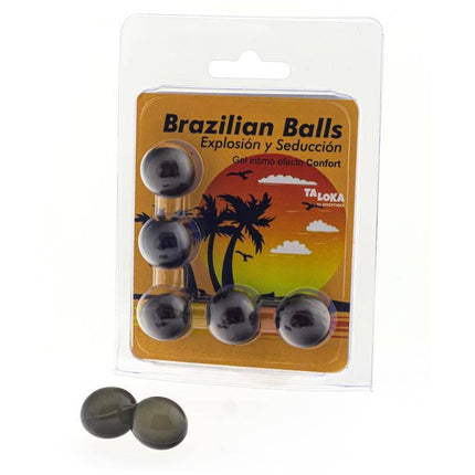 Set 5 Brazilian Balls Gel Confort Effect packaging with gel balls on display for enhanced intimacy and warming sensation.