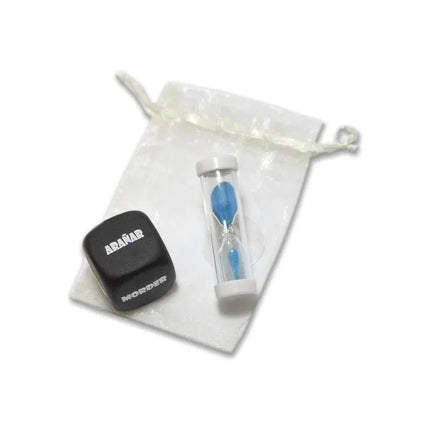 Set action die and hourglass with black die and blue sand-filled hourglass in drawstring pouch for tabletop games.