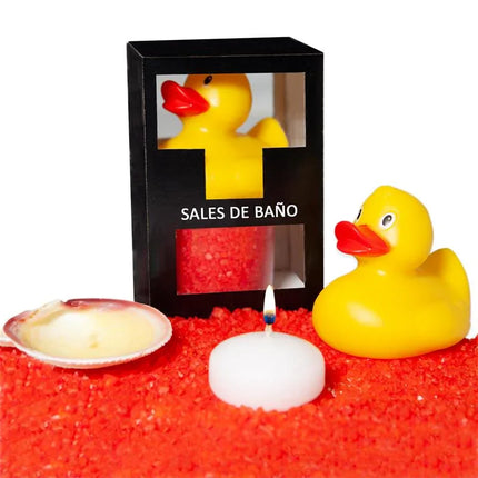 Set Bath Salts Aroma Red Fruits, Duck, Candle and Shell 150 gr displayed with vibrant salts and bath items.