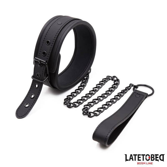 Set Collar and Leash Neoprene Black - Adjustable black neoprene collar with 78 cm chain leash, designed for comfort and control.