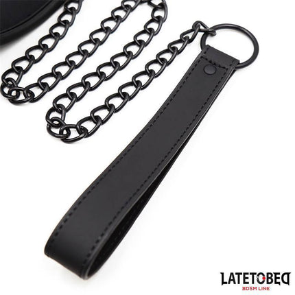 Set Collar and Leash Neoprene Black with black chain and leather handle from LATETOBED BDSM Line