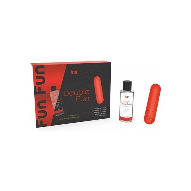 Set Mini Vibrating Bullet and Strawberry Sliding Gel 50 ml with box packaging and products visible