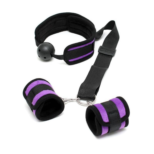 Set Mouthgag with Cuffs Purple for bondage play, featuring Velcro closures and ball gag, designed in bold purple for secure and comfortable fit.