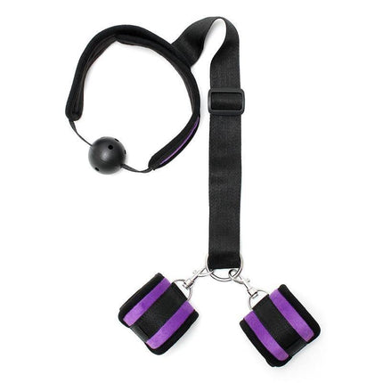 Set Mouthgag with Cuffs Purple featuring a ball gag and Velcro closure cuffs, designed for secure and comfortable restrained play.