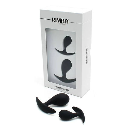 Set of 2 Anatomic Butt Plug Copenhagen Black in packaging and display.