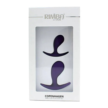 Set of 2 Anatomic Butt Plugs Copenhagen Purple in packaging showcasing ergonomically designed silicone plugs.