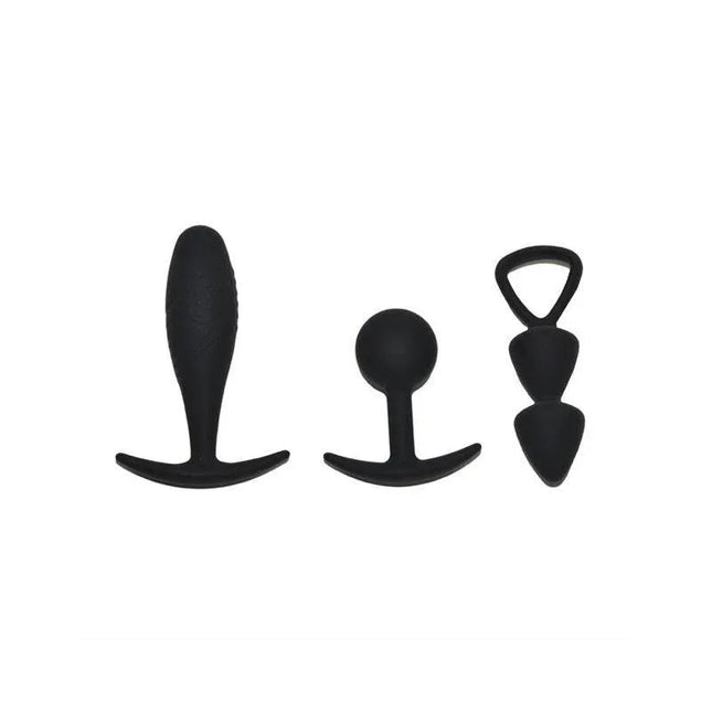 Set of 3 Butt Plugs Size S Basel in black silicone for progressive exploration, featuring three unique designs for comfort and versatility.
