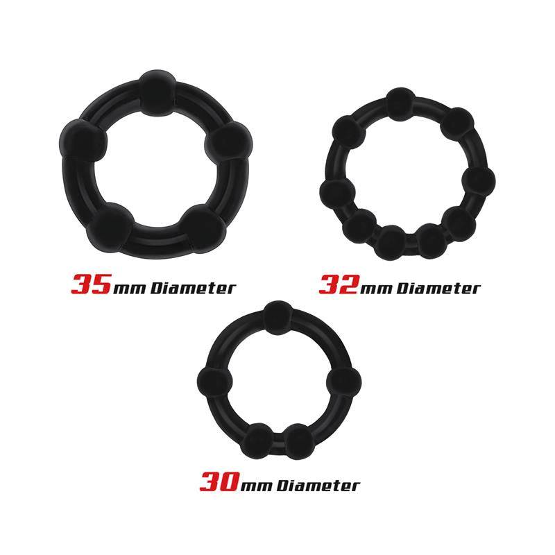 Set of 3 Cock Ring Beaded Flexible Black - secretsextoys.store