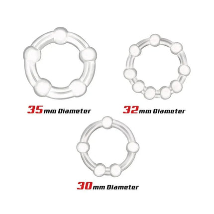 Set of 3 Penis Ring Beaded Flexibles Clear with three different diameters 35mm, 32mm, and 30mm for enhanced intimacy.