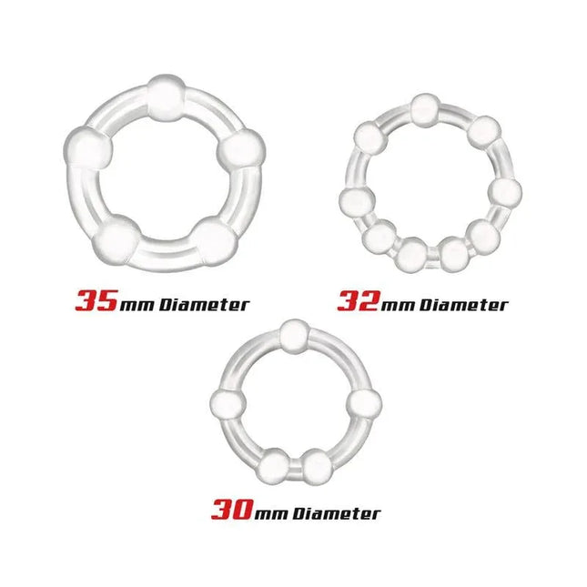 Set of 3 Penis Ring Beaded Flexibles Clear with three different diameters 35mm, 32mm, and 30mm for enhanced intimacy.