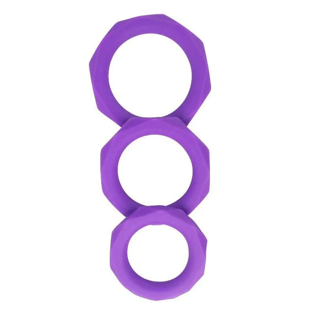 Set of 3 penis rings Silicone Purple by A-Gusto in vibrant purple shown in three varied sizes for customizable fit and enhanced pleasure.