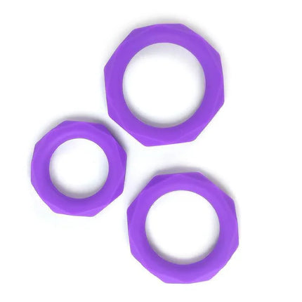 Set of 3 penis rings Silicone Purple in various sizes displayed on a white background. Crafted by A-Gusto for enhanced pleasure.