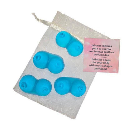 Set of 4 Scented Mini Soaps in the Shape of a Blue Breast on white bag