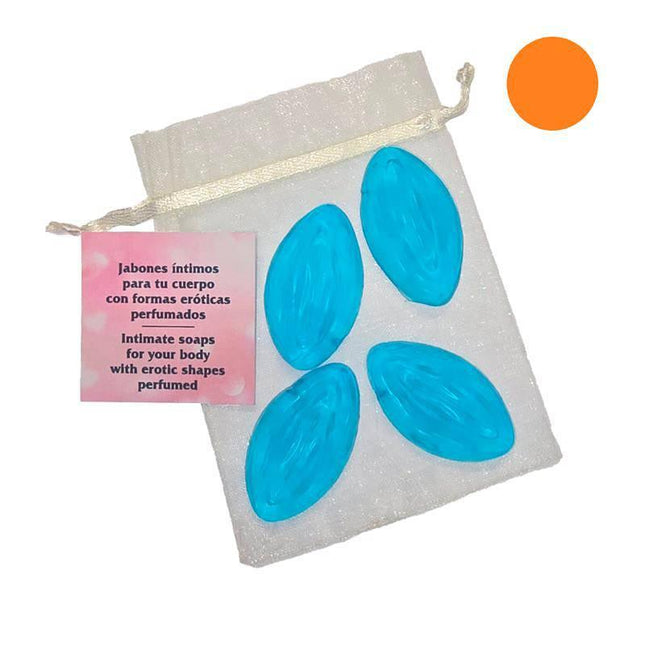 Set of 4 Scented Mini Soaps in the Shape of a Orange Vagina shown in blue with elegant pouch