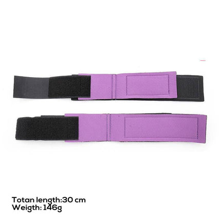 Set of restraints with handcuffs and Anklecuffs Adjustable in purple color, showing dimensions and weight, ideal for BDSM play.