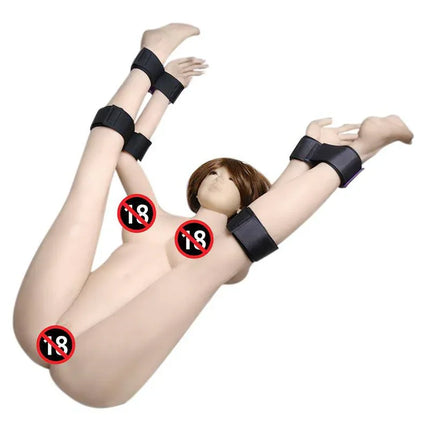 Set of restraints with handcuffs and Anklecuffs Adjustable shown on mannequin for BDSM play.