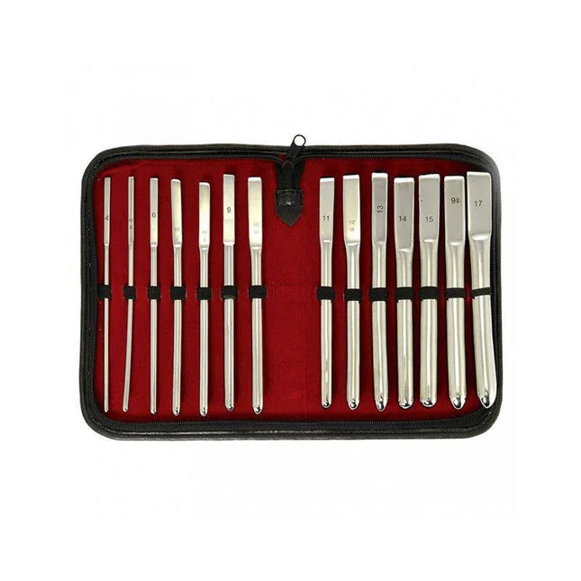 Set of Ureter Dilator 14 Pieces in a compact case for medical use, featuring surgical-grade stainless steel and precise size progression.