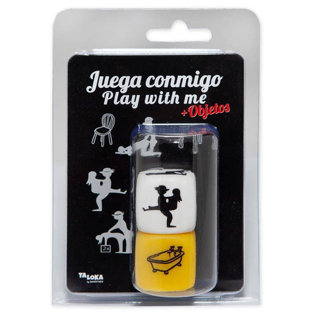 Set of white postures dice and a places dice in packaging labeled 'Play with me' suitable for creative play and storytelling activities.