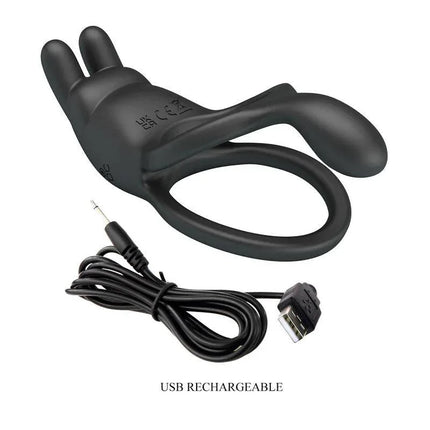 Seth Vibrating Double Cock Ring in black silicone with USB charging cable for dual stimulation.