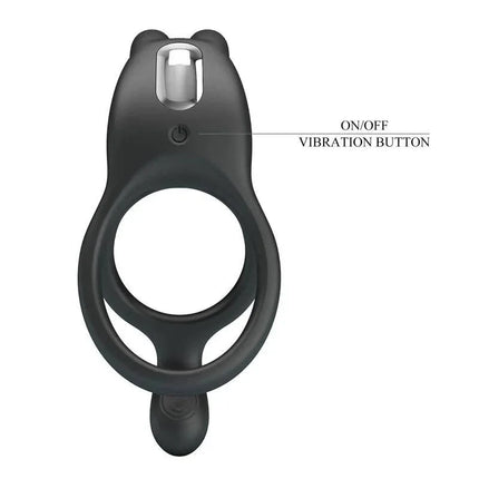 Seth Vibrating Double Cock Ring showing on/off vibration button for dual stimulation