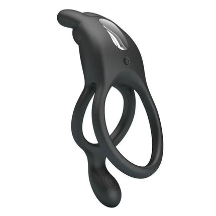 Seth Vibrating Double Cock Ring for dual-stimulation, black silicone design for enhanced pleasure in intimate moments.
