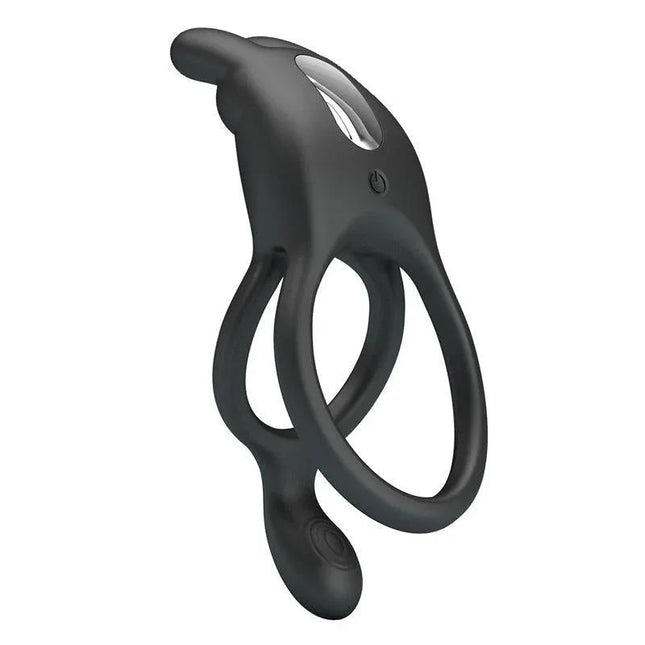 Seth Vibrating Double Cock Ring for dual-stimulation, black silicone design for enhanced pleasure in intimate moments.