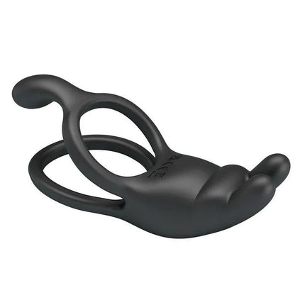 Seth Vibrating Double Cock Ring in black silicone for dual-stimulation and powerful vibrations, enhancing pleasure with a sleek design.