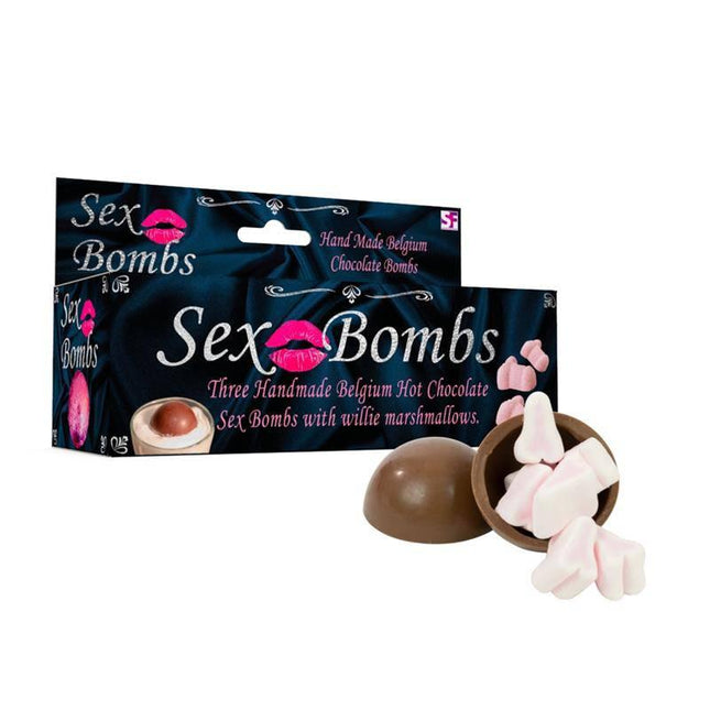 Sex Bombs Chocolate with marshmallow willies, hand-made in Belgium, featuring hot chocolate bombs with packaging shown.