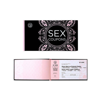 Sex Coupons (FR/PT) booklet with 50 naughty coupons for couples and friends, featuring options for exciting and tantalizing experiences.