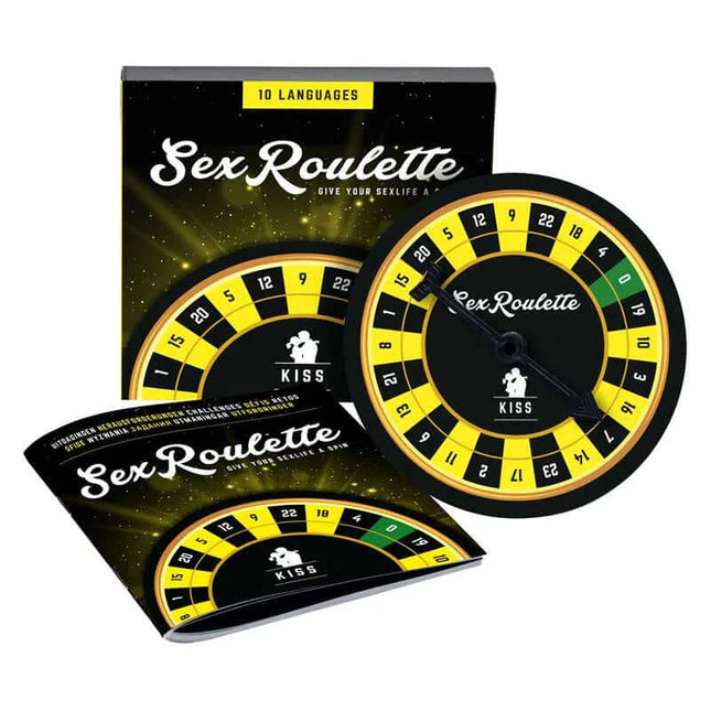 Sex Roulette Kiss board game with roulette wheel and romantic guide for thrilling intimate adventures.