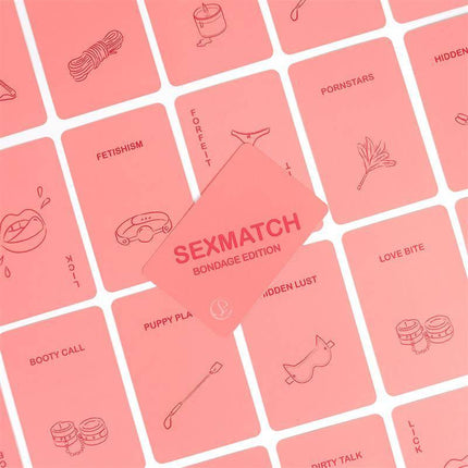 Sexmatch Game Bondage Edition cards layout showing various illustrations and themes for couples.