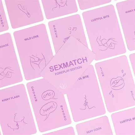 Sexmatch Game Foreplay Edition cards on display with illustrations and words for couples' challenges.