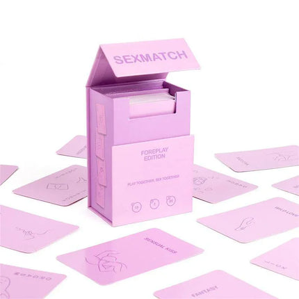 Sexmatch Game Foreplay Edition card set with box and cards displayed on a table.