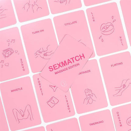 Sexmatch Game Massage Edition cards layout with various challenge illustrations and words for couples.