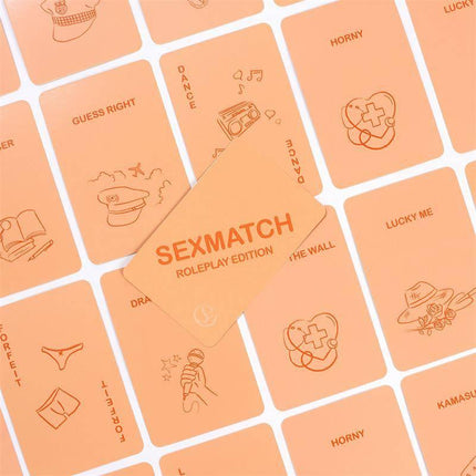 Sexmatch Game Roleplay Edition cards spread out, showcasing various illustrations and words for couples' roleplay challenges.