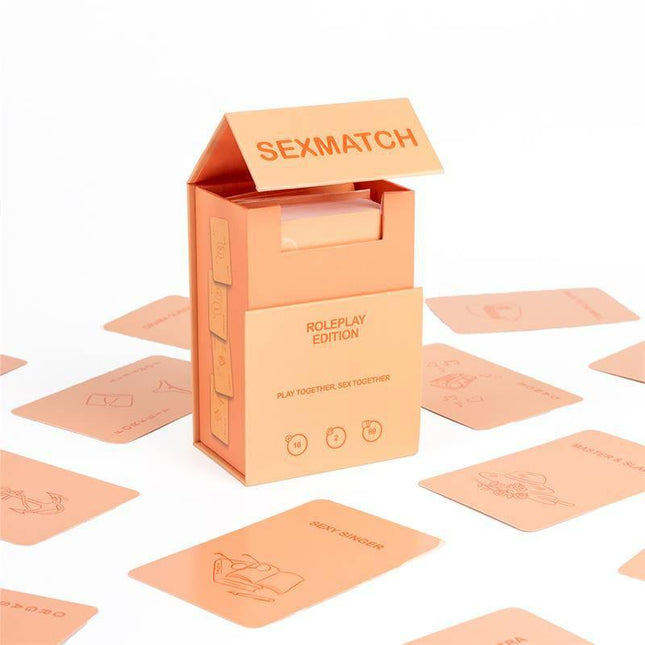 Box of Sexmatch Game Roleplay Edition with scattered cards, a fun card game for couples featuring challenges and roleplay elements.