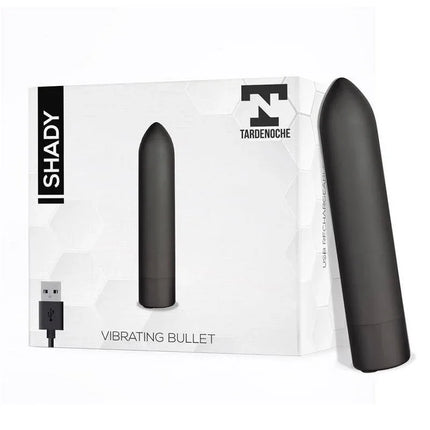 Shady Vibrating Bullet USB Rechargable Waterproof in sleek black design, showcasing the compact and powerful pleasure device with packaging.