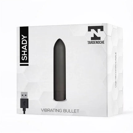 Shady Vibrating Bullet USB Rechargable Waterproof in packaging with USB connector, featuring sleek design for enhanced pleasure.