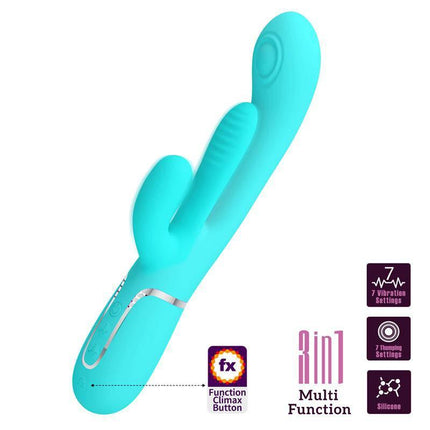 Shania Tripple Rabbit Vibrator Turquoise with dual-action design for internal and external stimulation, features seven vibration settings.