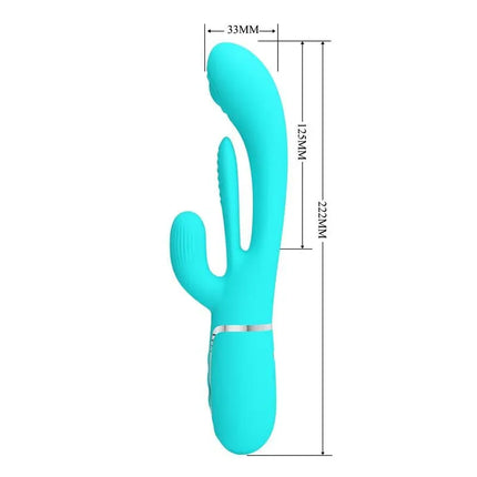 Shania Tripple Rabbit Vibrator Turquoise dual-action silicone vibrator for internal and external stimulation, turquoise color, dimensions shown