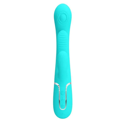 Shania Tripple Rabbit Vibrator Turquoise with dual-action features for internal and external stimulation, made from velvety silicone.
