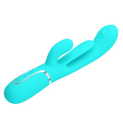 Shania Tripple Rabbit Vibrator Turquoise with dual-action design in velvety silicone for internal and external stimulation.