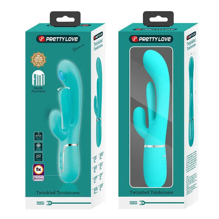 Shania Tripple Rabbit Vibrator Turquoise in packaging, features dual-action stimulation, crafted from velvety silicone for luxury feel.