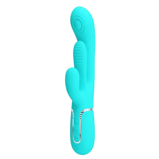 Shania Tripple Rabbit Vibrator Turquoise in velvety silicone, dual-action design for internal and external stimulation, intimate wellness.