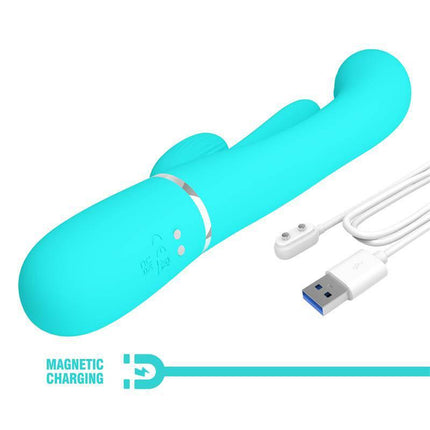 Shania Tripple Rabbit Vibrator Turquoise with magnetic charging cable for dual-action stimulation, velvety silicone.