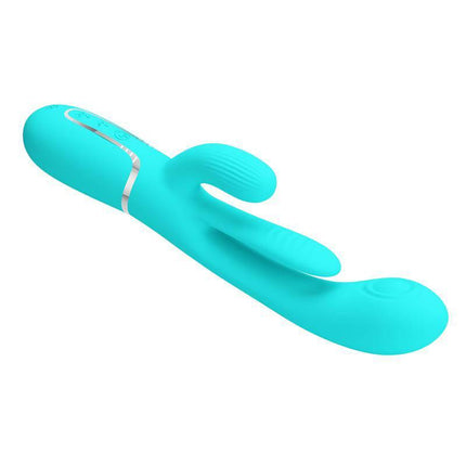 Shania Tripple Rabbit Vibrator Turquoise with dual-action design for internal and external stimulation, crafted from velvety silicone.