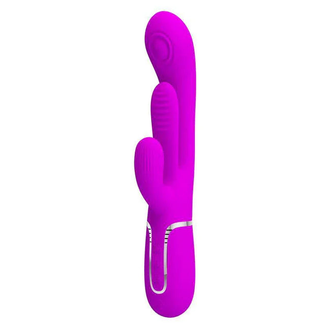 Shania Vibe with Tongue and thumping dual-action rabbit vibrator in vibrant pink for internal and external stimulation.